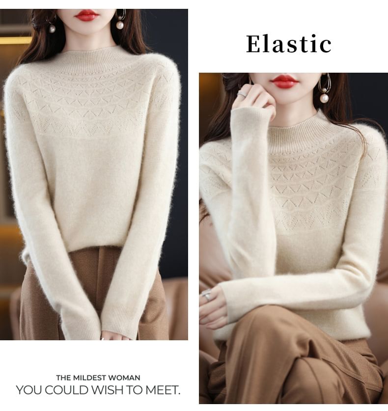 Mock Neck Plain Pointelle Sweater