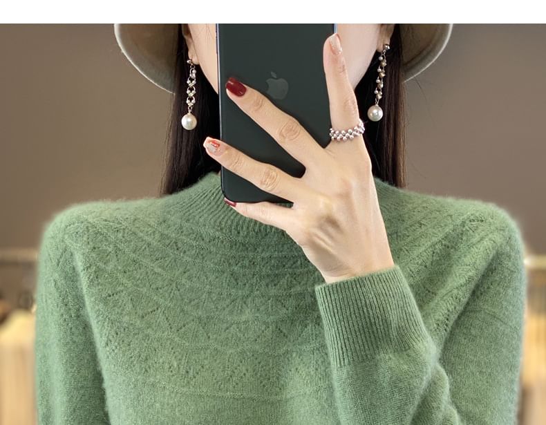 Mock Neck Plain Pointelle Sweater