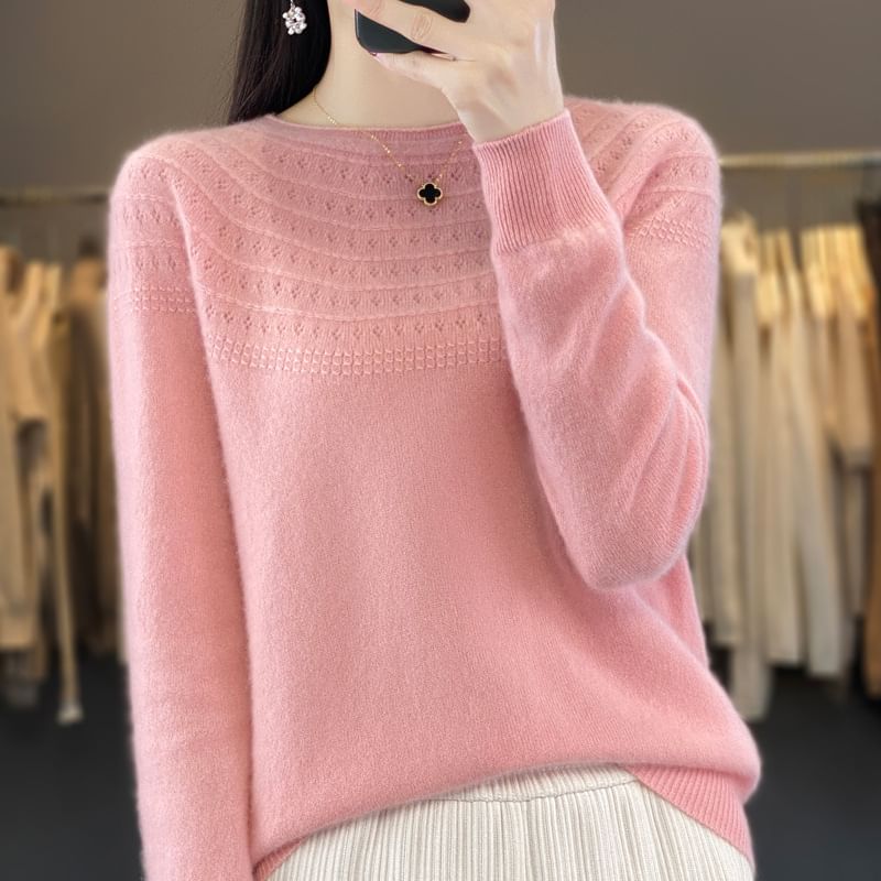 Round Neck Plain Jacquard Knit Sweater