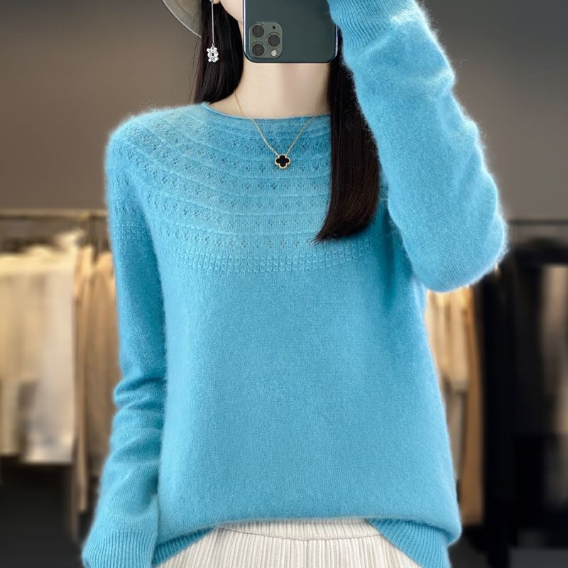 Round Neck Plain Jacquard Knit Sweater