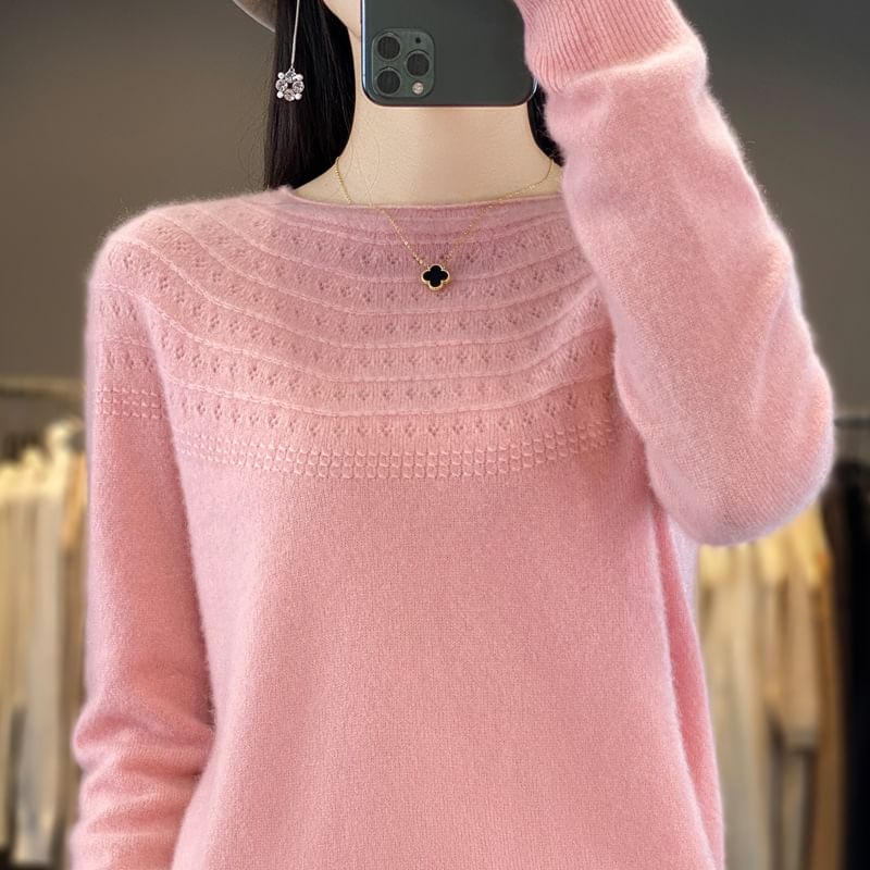 Round Neck Plain Jacquard Knit Sweater