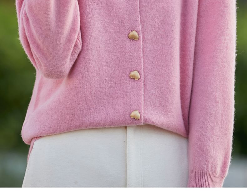 Round Neck Plain Heart Button Cropped Cardigan
