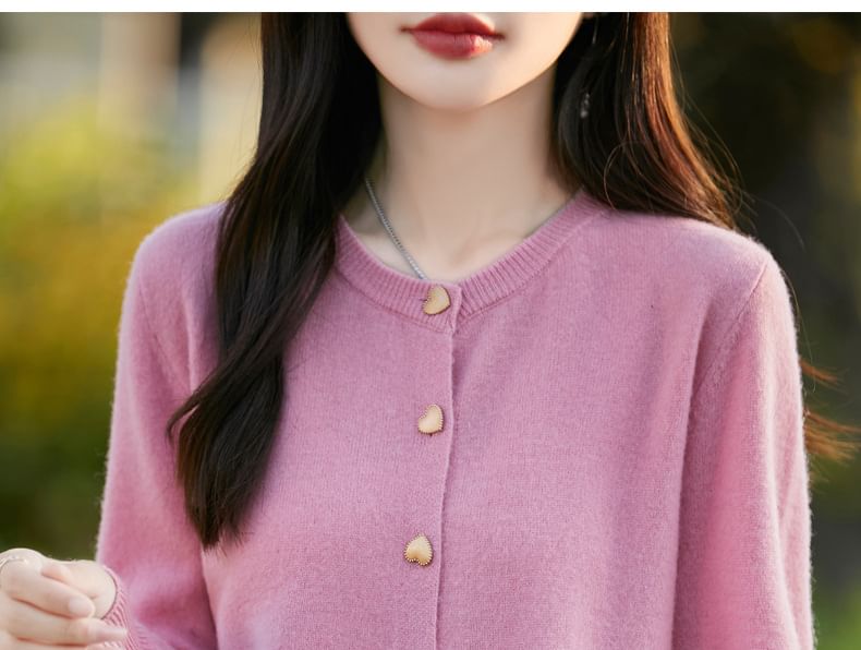Round Neck Plain Heart Button Cropped Cardigan