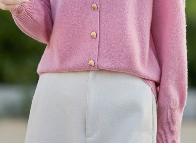 Round Neck Plain Heart Button Cropped Cardigan