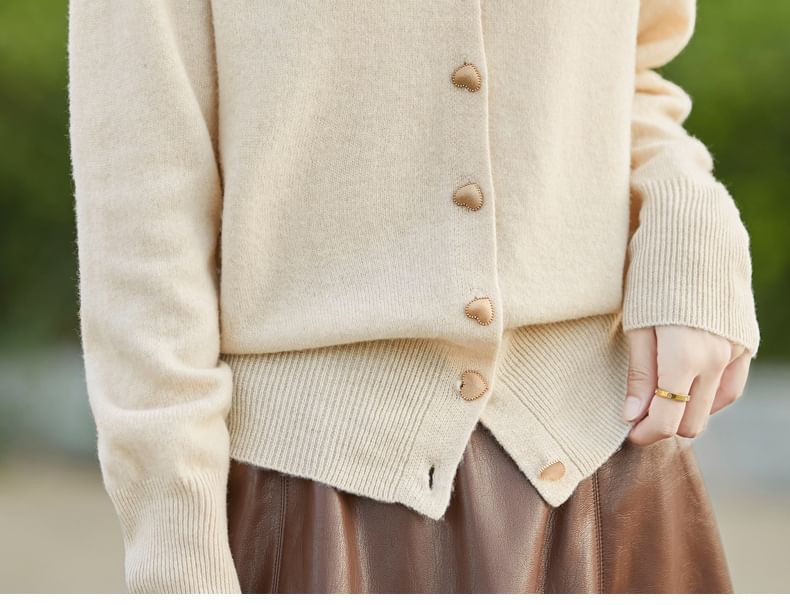 Round Neck Plain Heart Button Cropped Cardigan