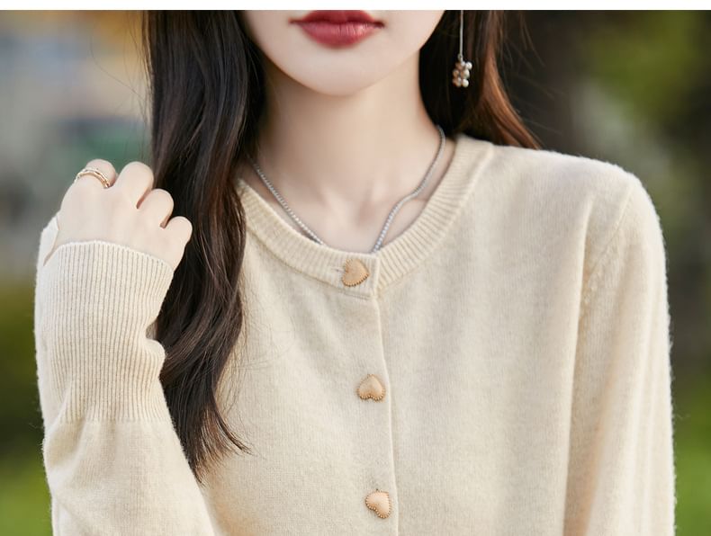 Round Neck Plain Heart Button Cropped Cardigan