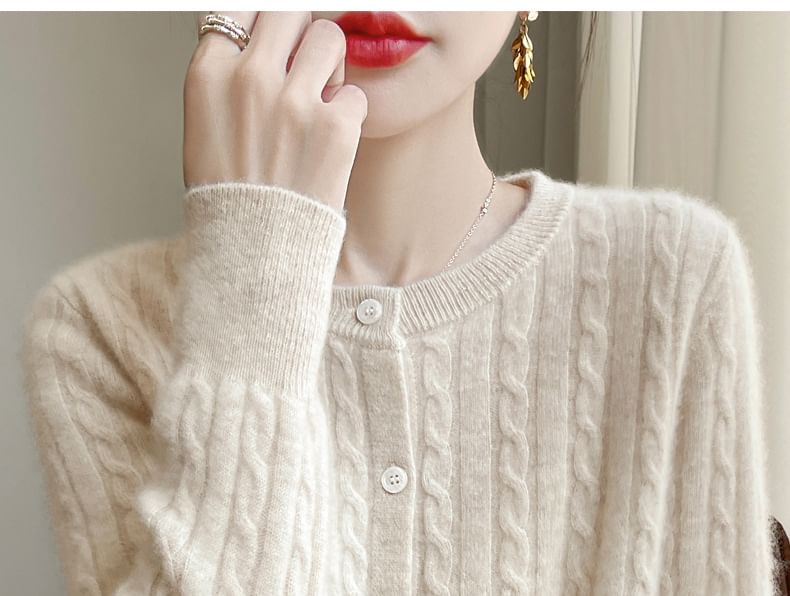 Crew Neck Plain Cable Knitted Cropped Cardigan