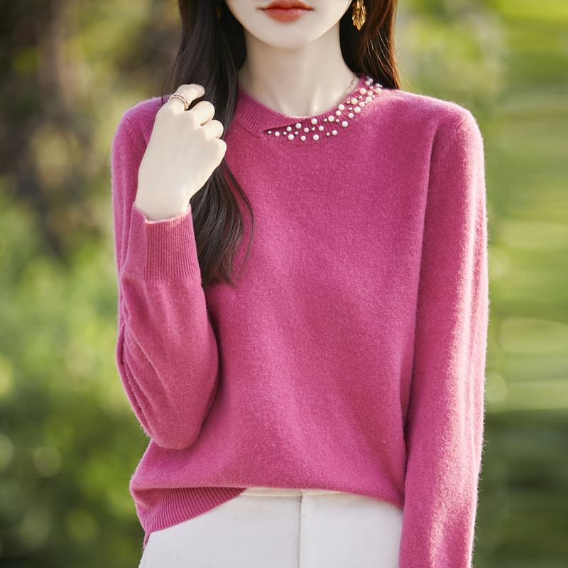 Round Neck Plain Faux Pearl Detail Sweater