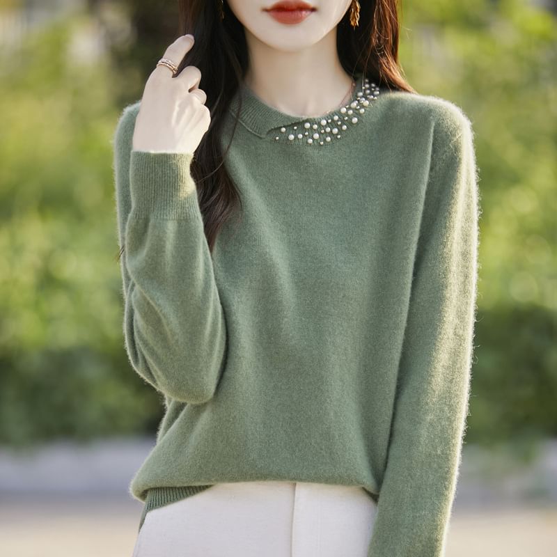 Round Neck Plain Faux Pearl Detail Sweater