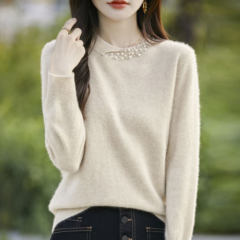 Round Neck Plain Faux Pearl Detail Sweater