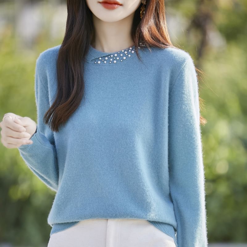 Round Neck Plain Faux Pearl Detail Sweater