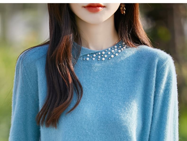 Round Neck Plain Faux Pearl Detail Sweater