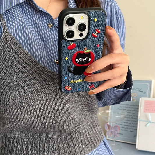 Cat Embroidered Denim Phone Case