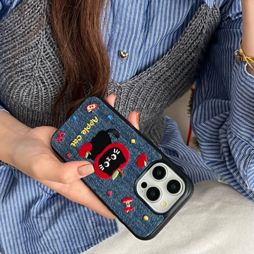 Cat Embroidered Denim Phone Case