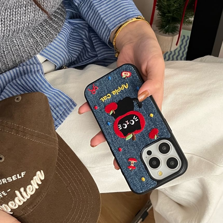 Cat Embroidered Denim Phone Case