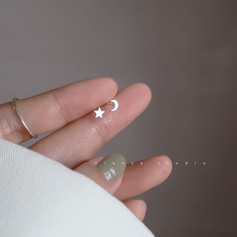 Star Crescent Earring 925 Stud Silver Sterling Asymmetrical
