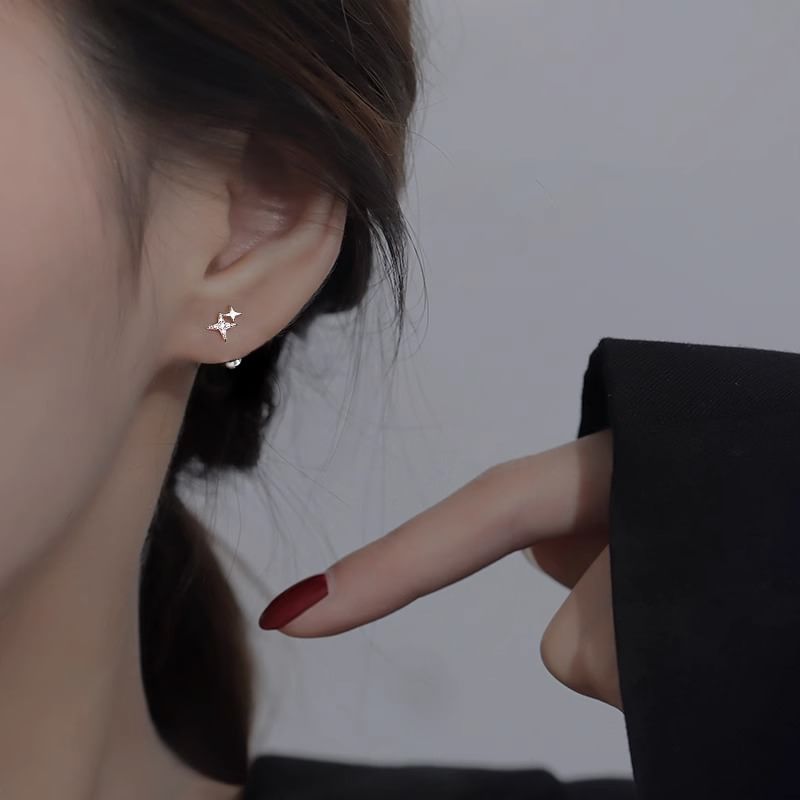 Sterling Silver 925 Barbell Earring Star Rhinestone