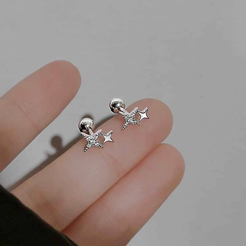 Sterling Silver 925 Barbell Earring Star Rhinestone