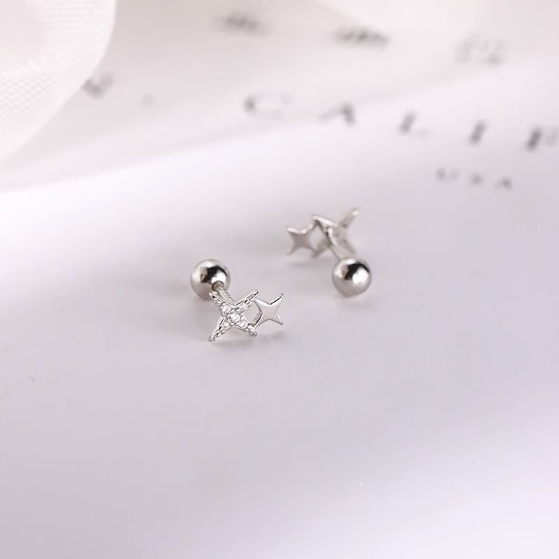 Sterling Silver 925 Barbell Earring Star Rhinestone