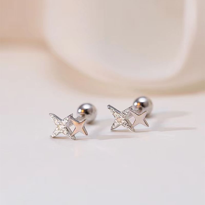 Sterling Silver 925 Barbell Earring Star Rhinestone