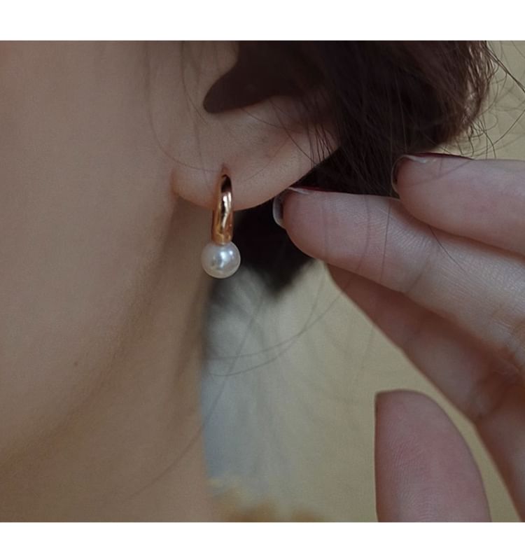 Earring Pearl Faux 925 Sterling Hoop Silver