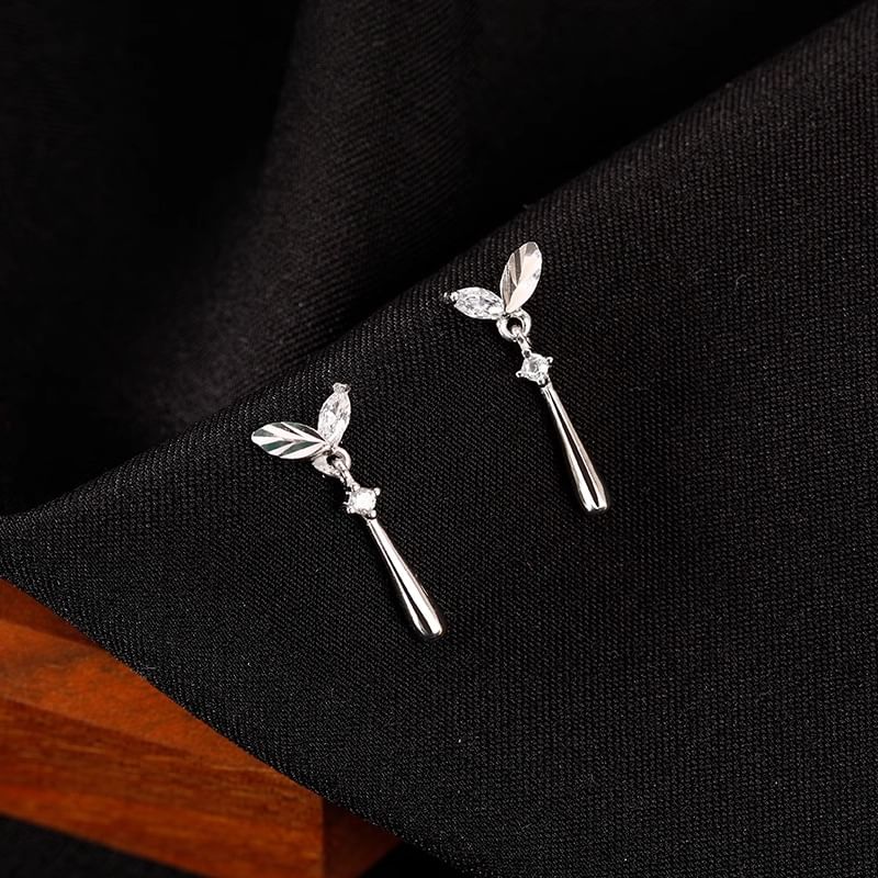 Leaf Silver Earring Drop 925 Sterling Rhinestone