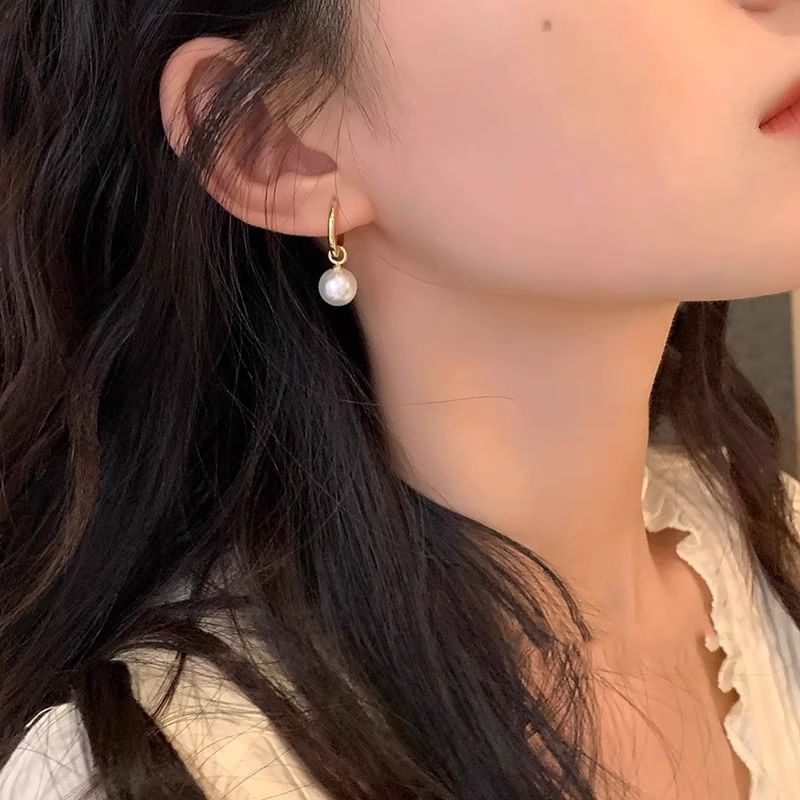 Earring 925 Silver Hoop Pearl Sterling Faux Drop