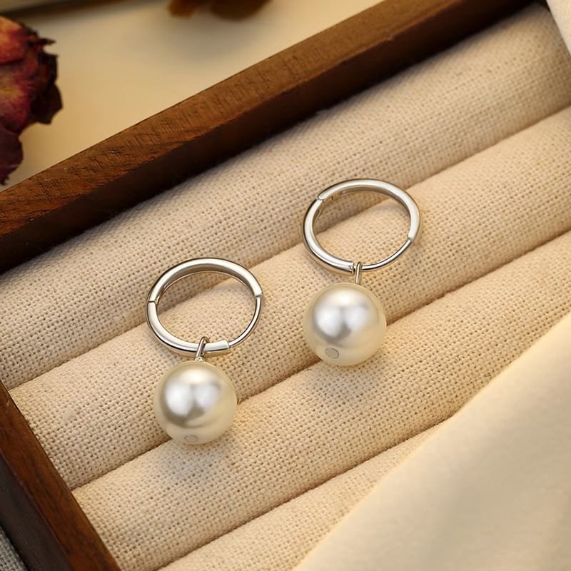 Earring 925 Silver Hoop Pearl Sterling Faux Drop