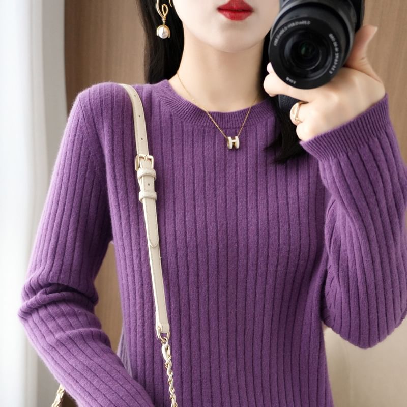 Long-Sleeve Crewneck Plain Knit Top