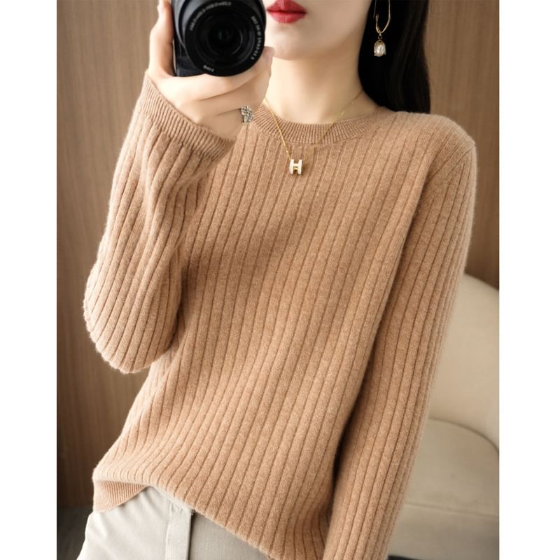 Long-Sleeve Crewneck Plain Knit Top