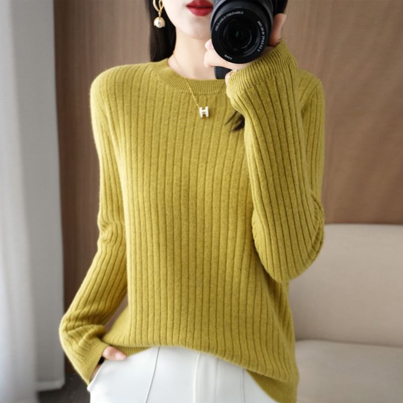 Long-Sleeve Crewneck Plain Knit Top