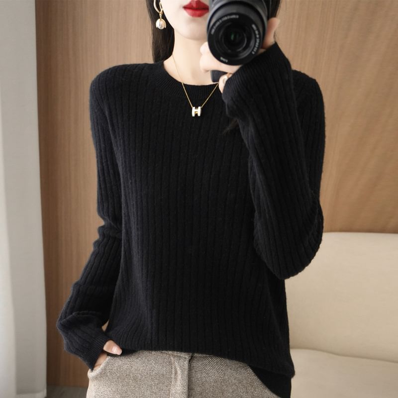 Long-Sleeve Crewneck Plain Knit Top