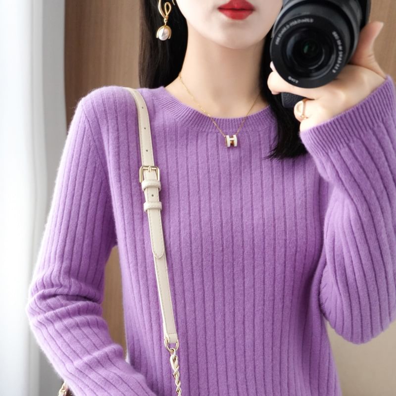 Long-Sleeve Crewneck Plain Knit Top