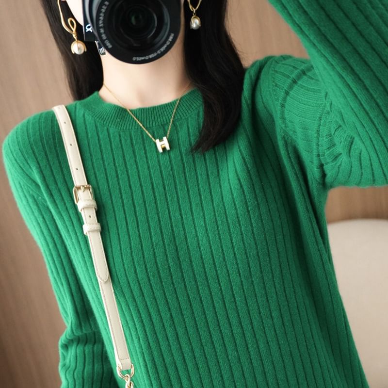 Long-Sleeve Crewneck Plain Knit Top