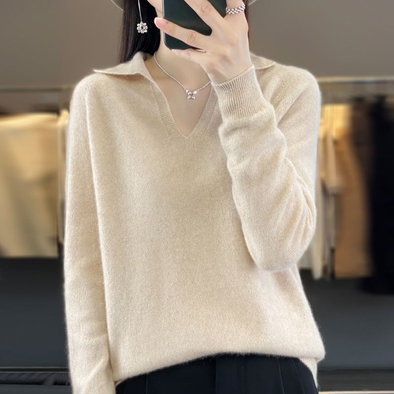 Long-Sleeve Plain Knit Polo Top