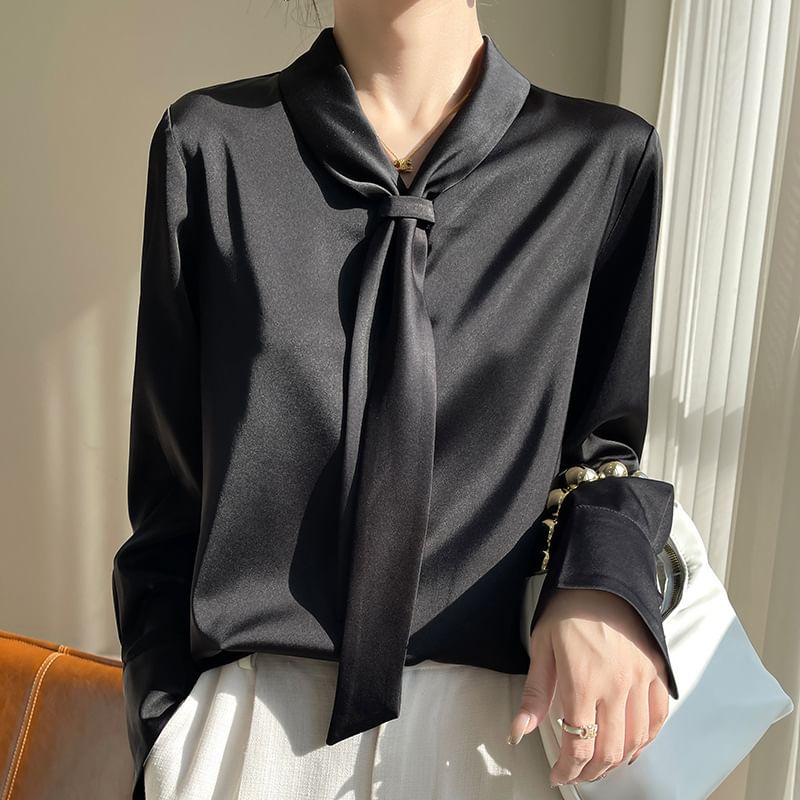 Long-Sleeve Tie Neck Plain Blouse