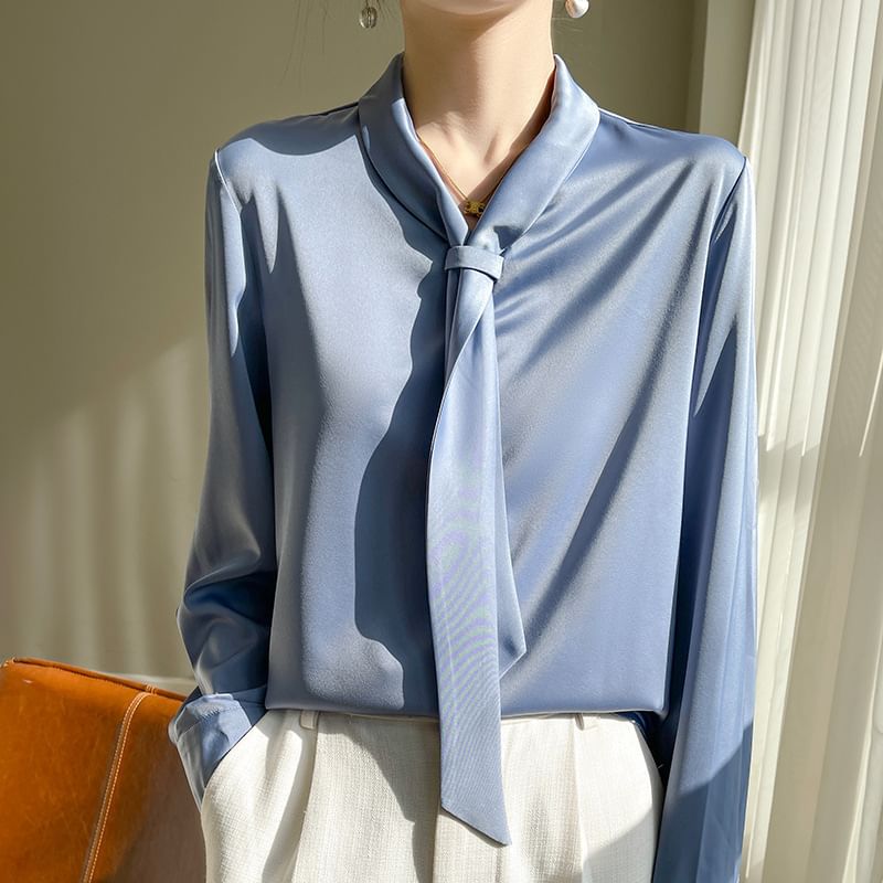 Long-Sleeve Tie Neck Plain Blouse