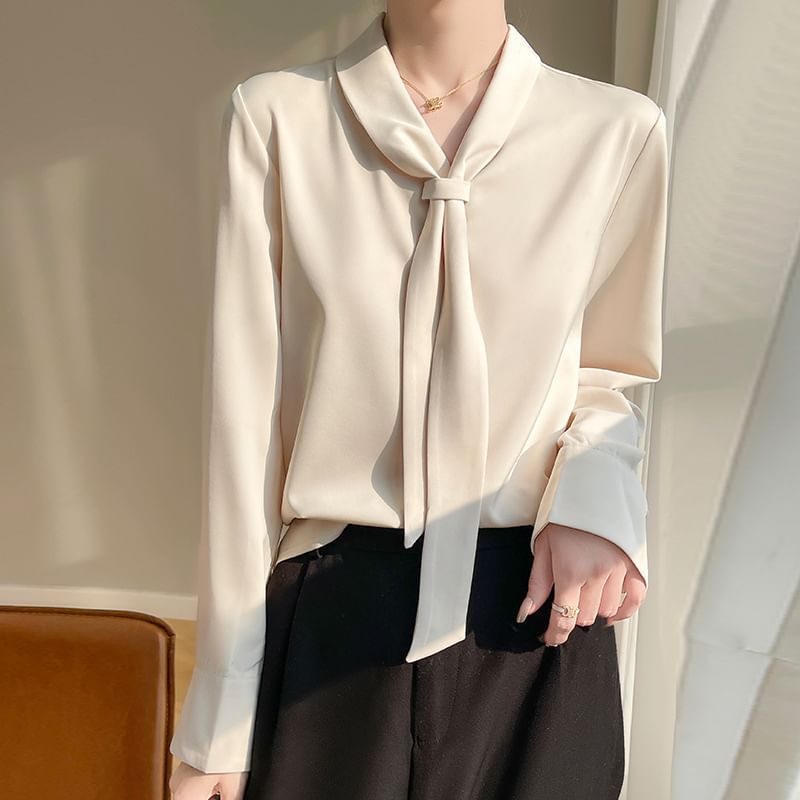 Long-Sleeve Tie Neck Plain Blouse