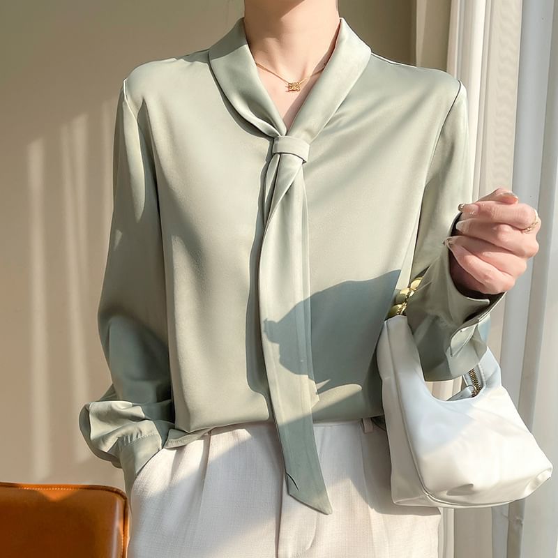 Long-Sleeve Tie Neck Plain Blouse