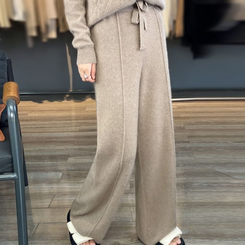 High Rise Plain Knit Wide Leg Pants