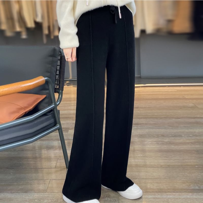 High Rise Plain Knit Wide Leg Pants