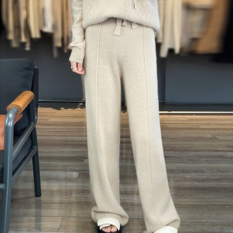 High Rise Plain Knit Wide Leg Pants