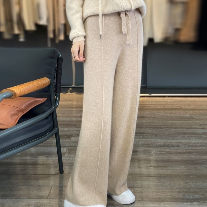 High Rise Plain Knit Wide Leg Pants