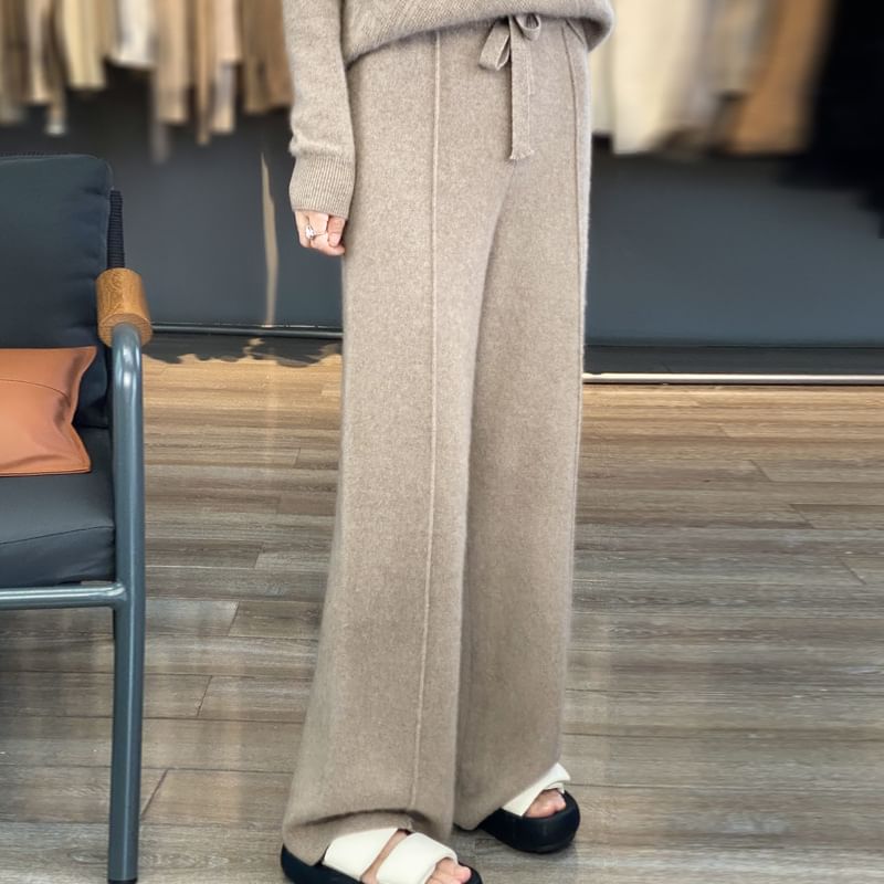 High Rise Plain Knit Wide Leg Pants