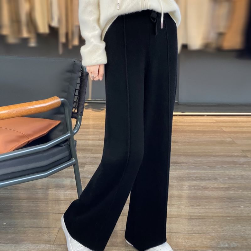 High Rise Plain Knit Wide Leg Pants