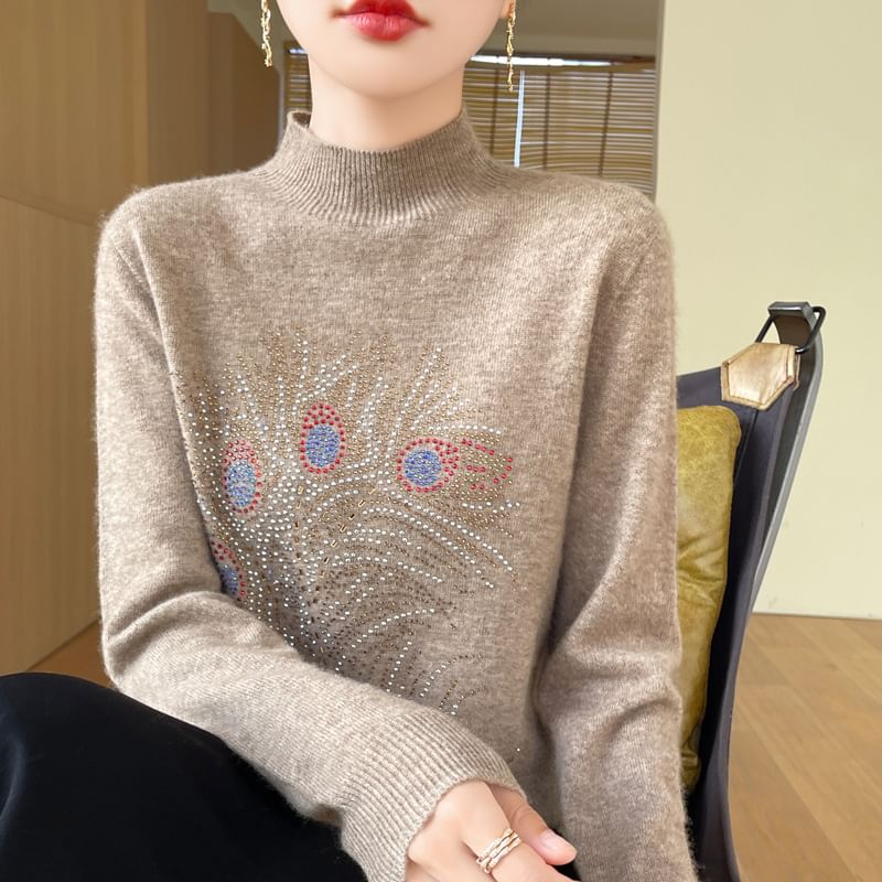 Long-Sleeve Mock Neck Rhinestone Knit Top