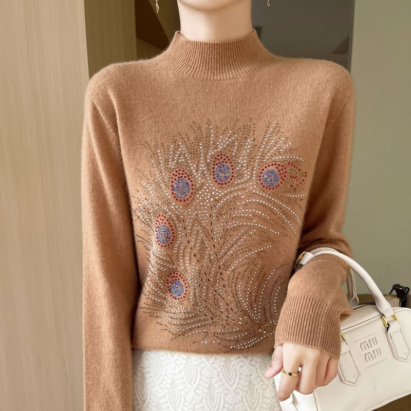 Long-Sleeve Mock Neck Rhinestone Knit Top
