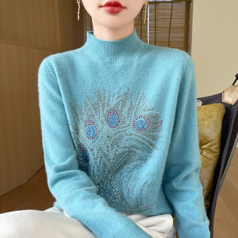 Long-Sleeve Mock Neck Rhinestone Knit Top