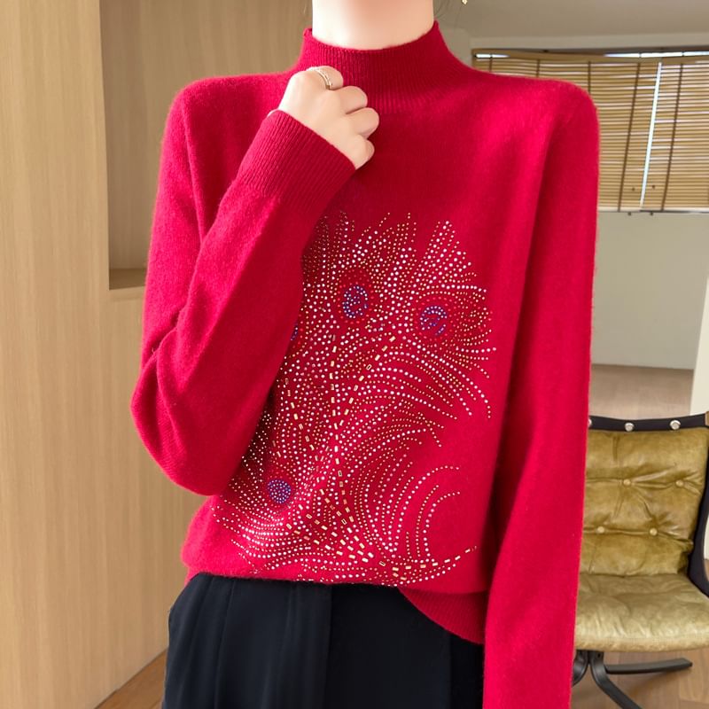Long-Sleeve Mock Neck Rhinestone Knit Top