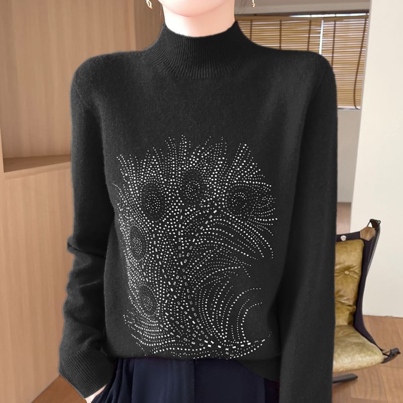 Long-Sleeve Mock Neck Rhinestone Knit Top